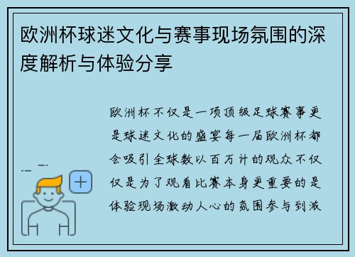 欧洲杯球迷文化与赛事现场氛围的深度解析与体验分享