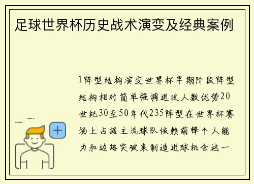 足球世界杯历史战术演变及经典案例